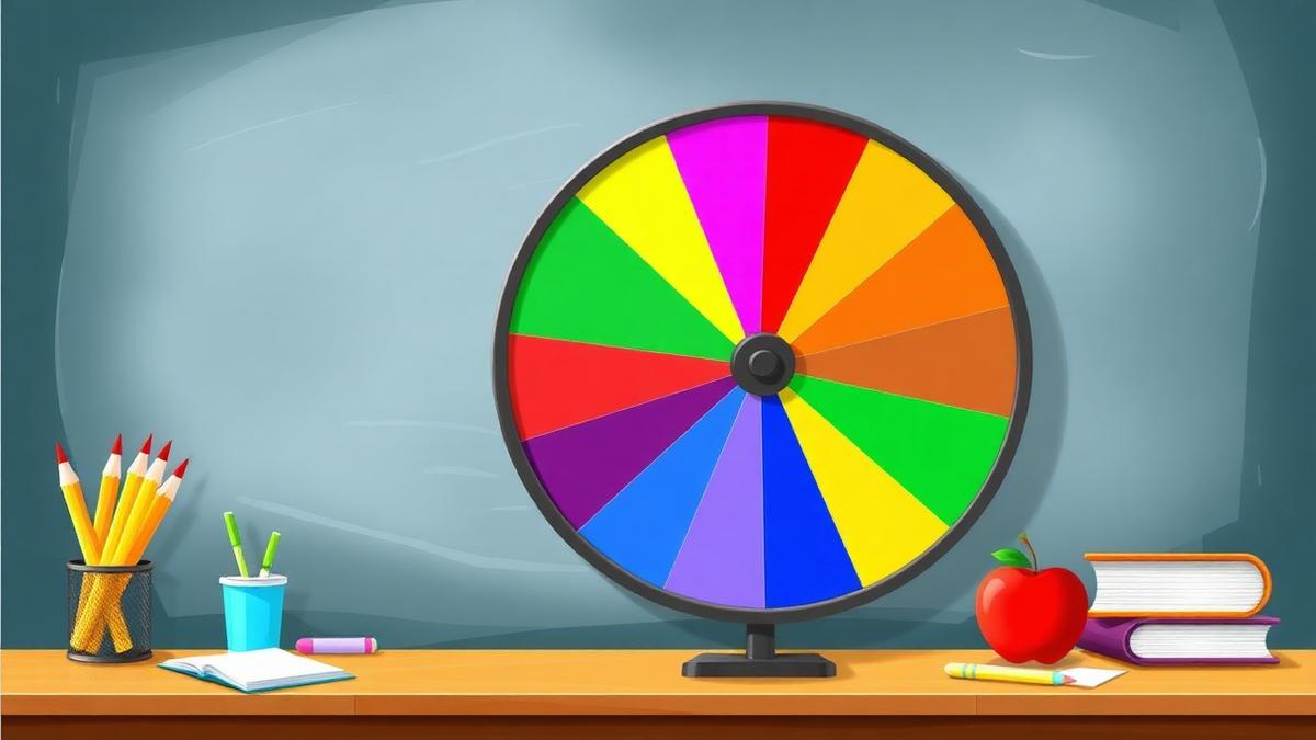 Colorful classroom spin wheel and random name picker on a chalkboard with school supplies for student engagement and cold call routines