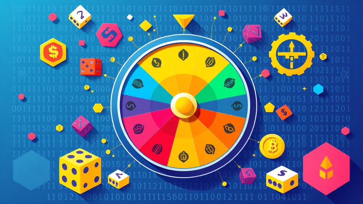 Spin wheel randomness illustration with dice, binary code and cryptography symbols representing fair random number generation