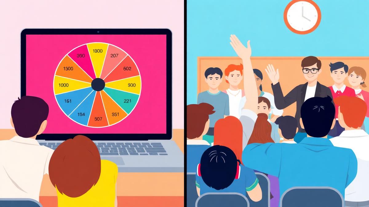 Random name picker wheel on a laptop compared to a teacher using cold call with students raising hands in a classroom