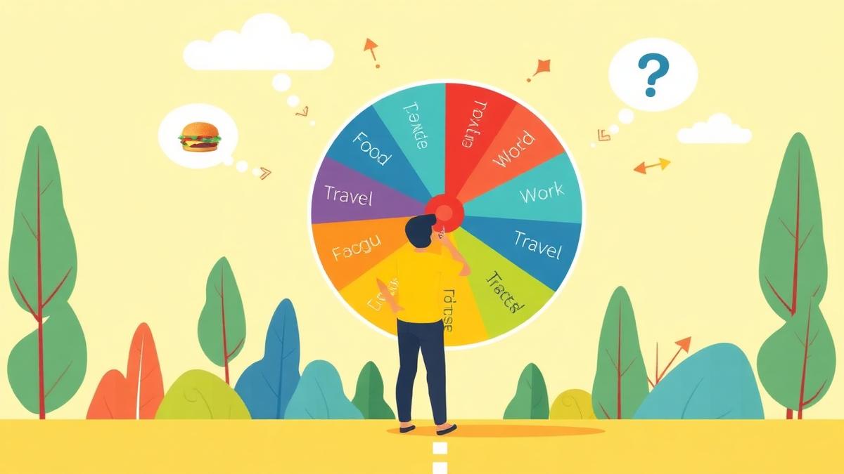 Person using a colorful decision wheel spinner to choose between food, travel and work options for everyday decision making